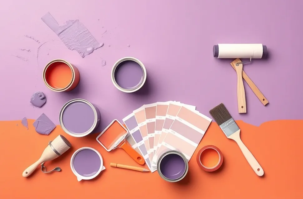Pots de peinture, nuancier, brosses et rouleaux disposés à plat