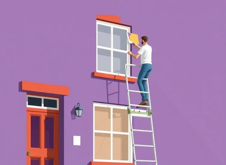 Peintre sur échafaudage traitant la façade d'une maison